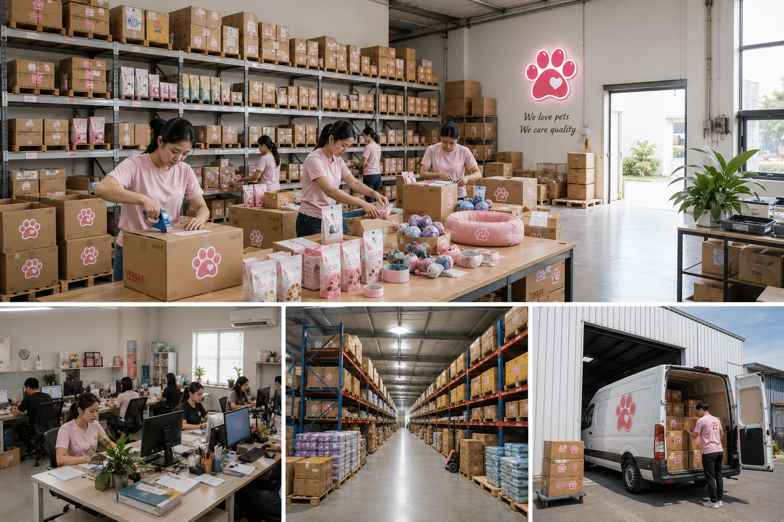 The Pet Play Fun team packing orders in our warehouse